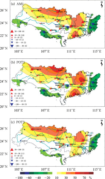 Geographic distributions of the relative changes (%) of the 50-year flood for ...