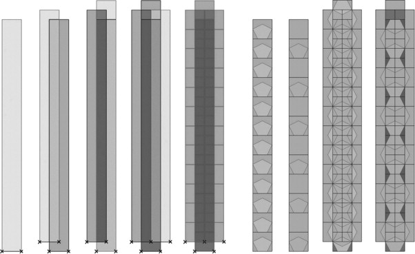 Left set: offsetting of the support surfaces and subdivision. Right set: culling ...