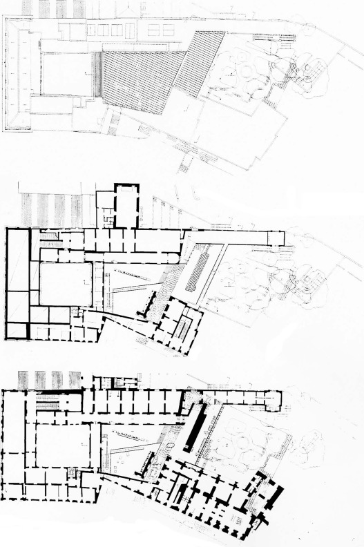 Down to top: plans for the first, second, and roof levels of the new Hall of the ...