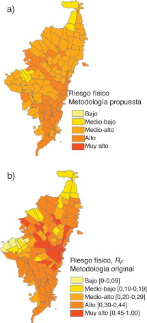Niveles de riesgo físico obtenidos para Bogotá: a) metodología propuesta; b) ...