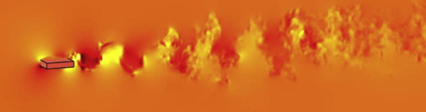 Titled view of velocity contour slice at center of the 3D rectangular cylinder.