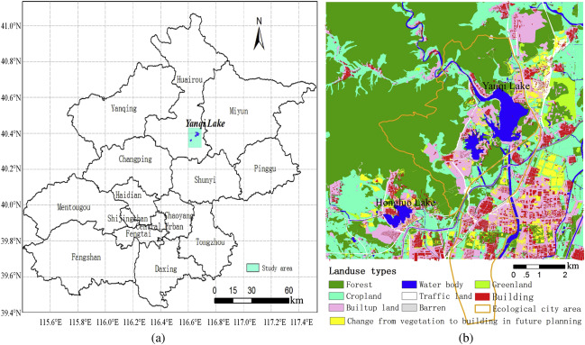 Schematic diagram of (a) location of the Yanqi Lake ecological development ...