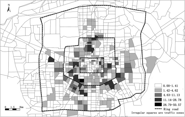 Zone-level CO2 emissions intensity in Xi'an (unit: kg (100 m2)−1 per week).