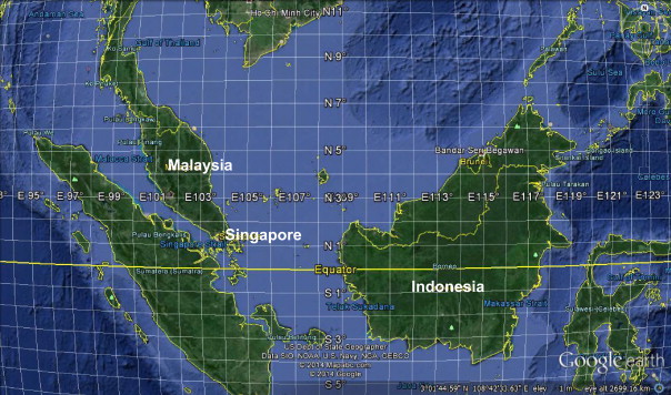 Map of tropical countries in Southeast Asia (Google Earth).