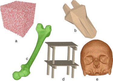Ejemplos de empaquetamientos: a) Cubo, 132.681 partículas. b) Cuchilla de corte ...