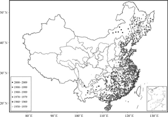Spatial distribution of decade when the extreme gale occurred induced by ...