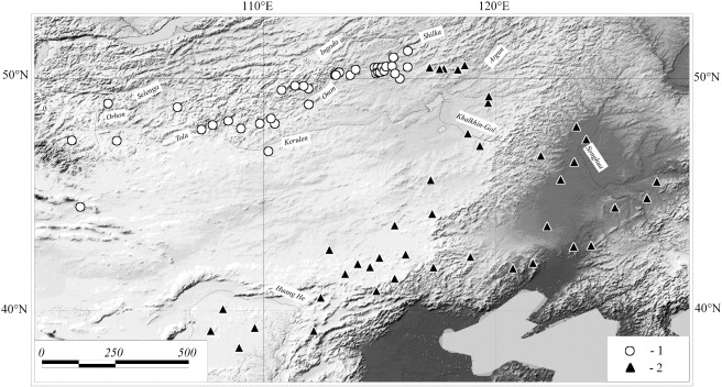 Distribution of false zokor (M. aspalax: 1) and Armands zokor (M. armandii: 2).