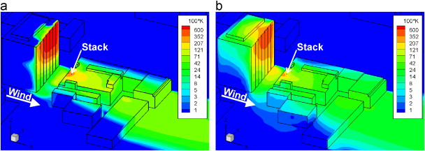 Contours of 100K on building surfaces and surrounding streets for south-west ...