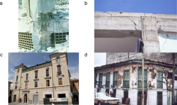 Daño en elementos estructurales: a) daño fuerte en un nudo de hormigón armado; ...