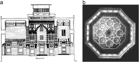 Central court.(a) Section through the court and (b) The wooden lantern.
