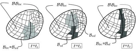 Evolution of the injection domains for three typical stages (t₁< t₂< t₃) of the  discontinuity propagation.