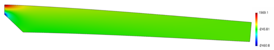 Deformed configuration (×1000) and σςς (KPa) of the blade for the moment of maximum stress.