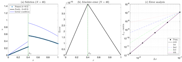 Numerical results at final time simulation T=0.5 and x_α=0.4 of Example 5.