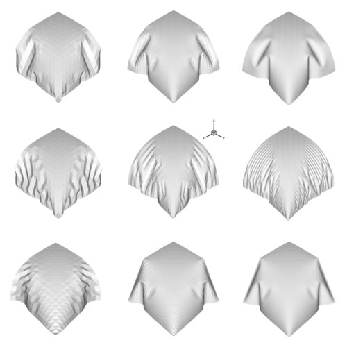 Inflation of a square  air-bag . Deformed configurations for three different meshes with 800, 3136  and 12416 degrees of freedom.