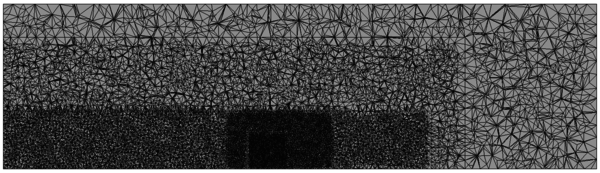 Cutting planes of fluid mesh at y = 0 m - The fluid mesh is much finer close to the region around the cube.