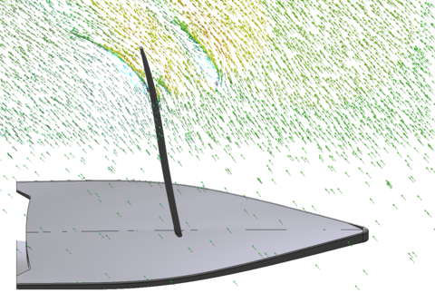 3D flow around a sailboat. Velocity field cross section at height 20m [m/s].