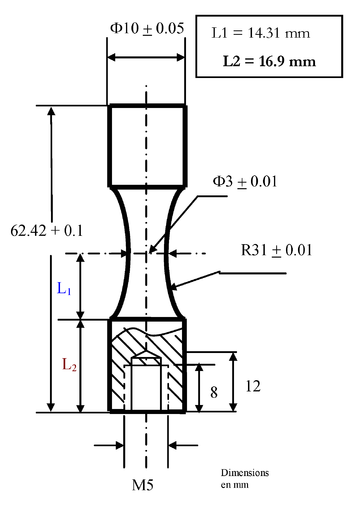 Shape and dimension of ultrasonic fatigue specimen as given by Marines et al.[131