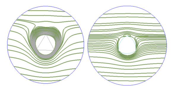Velocity streamlines around a triangular pin (left) and a trivex pin (right)