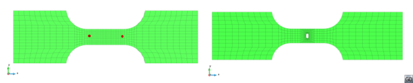 Mesh defined for the SP and OH numerical models. The SP model has marked, with red dots, the points used to calculate the equivalent strain applied.
