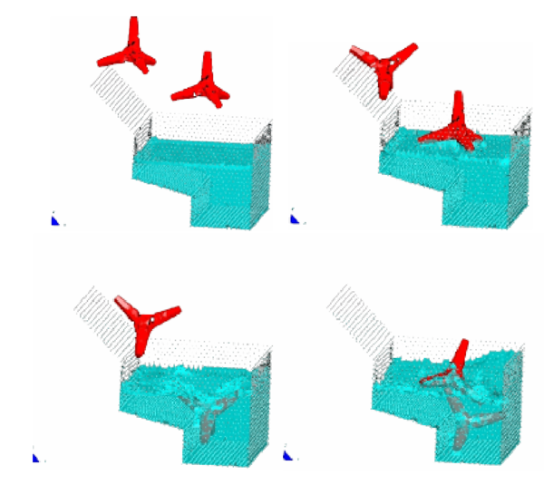 Motion of two tetrapods falling in a water container.