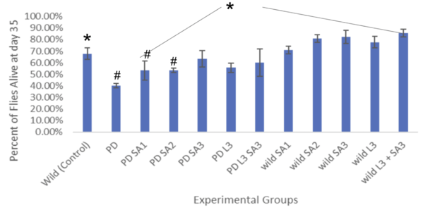 Figure #6: Percent of drosophila alive  at day 35 (lifespan)(n=30). #Significant to control (p<0.05)*Significant to PD (p<0.05).
