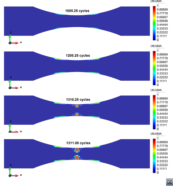 Distribution of the damage internal variable for the composite at different time steps
