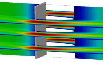 Velocity field in x-direction with the well-resolved plate - In order to be able to see the discontinuity of the velocity field the negative values are ignored.