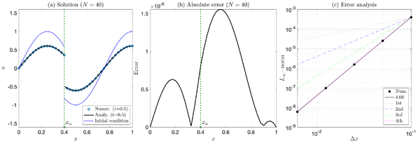 Numerical results at final time simulation T=0.5 and x_α=0.4 of Example 6.