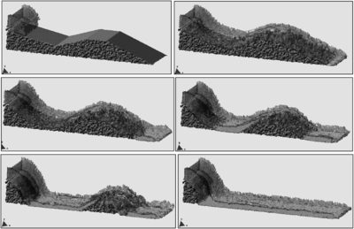 Erosion of a 3D earth dam due to an overspill stream.