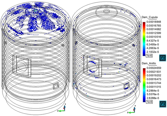 Beginning of the Pre-op test. Crack opening displacement  ucrack  [ m ] at the dome (Cupula) and at the cylinder (Anillo)