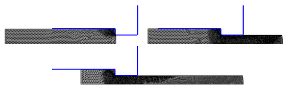 Extrusion of a steel plate at three  time instants: t = 0.09s, t = 2.59s, t = 5.19s. Vertical die wall