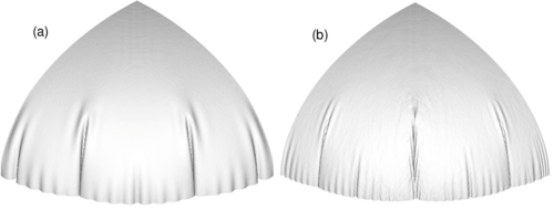 Inflation of a circular airbag. Deformed configurations for final pressure. (a) bending effects included (b) membrane solution only