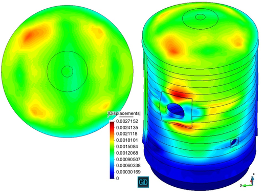 Maximum pressure at the Pre-op test. Displacements [ m ]