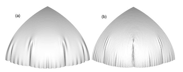 Inflation of a circular airbag. Deformed configurations for final pressure. (a) bending formulation; (b) membrane formulation.