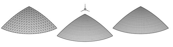 Spherical dome under impulse pressure. Meshes used in the analysis. Mesh-1 with 338 elements, Mesh-2 with 1250 elements, and Mesh-3 with 2888 elements