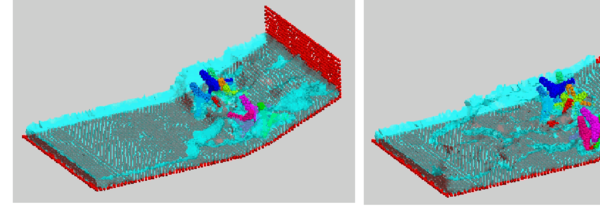 Motion of ten tetrapods on a slope under an incident wave.