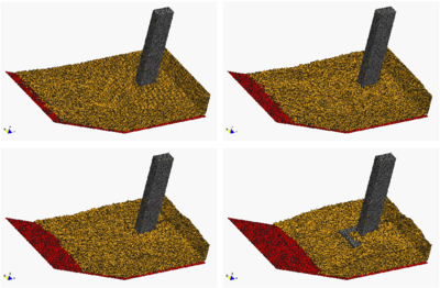 Progressive erosion and dragging of soil particles in a river bed adjacent to the foot of a bridge pile due to a water stream. Water is not shown.