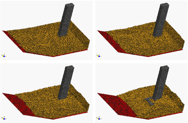 Progressive erosion and dragging of soil particles in a river bed adjacent to the foot of a bridge pile due to a water stream. Water is not shown.