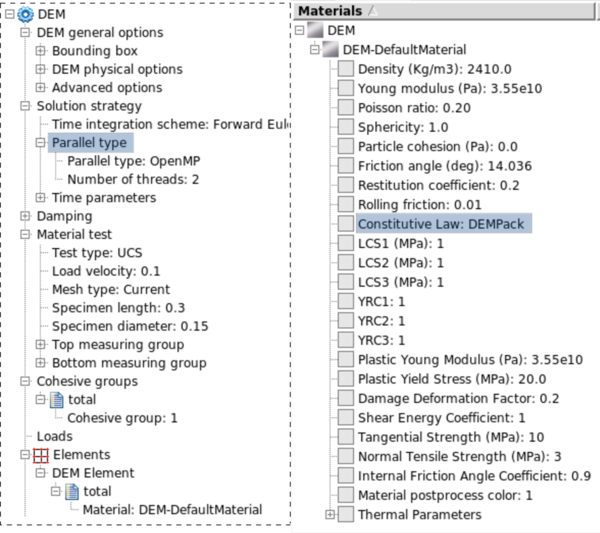 DEM problemtype user interface and constitutive model selection.