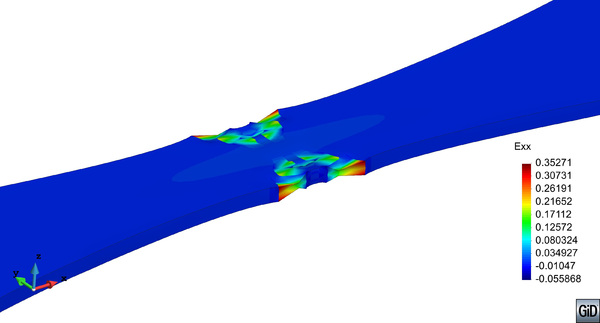 Distribution of the longitudinal strain of the composite in the last step of the analysis on the deformed specimen shape (20x)