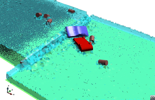 Dragging of large objects and macroscopic particles in a tsunami type flow passing over a vertical wall. 3D PFEM results