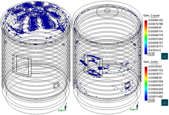 Maximum pressure at the Pre-op test. Crack opening displacement  ucrack  [ m ] at the dome (Cupula) and at the cylinder (Anillo)