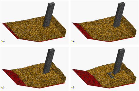 Erosion and dragging of soil particles in a river bed adjacent to the foot of a bridge pile due to a water stream. Water is not shown