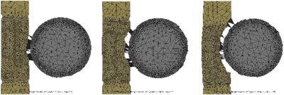 Simulation of the excavation of a stiff rock wall with the PFEM. Note the change of the rotating disc edge due to wear