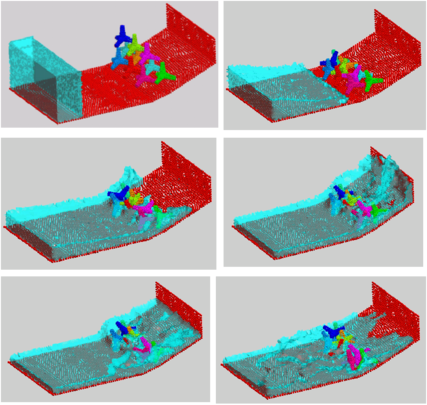 Motion of ten tetrapods on a slope under an incident wave.