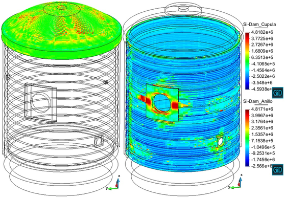 Maximum pressure at the VD2 test. Maximum principal stress - tension stress distribution [ Pa ] at the dome (Cupula) and at the cylinder (Anillo)