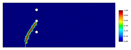 Three point bending bar with asymmetric perforations. Damage field obtained.