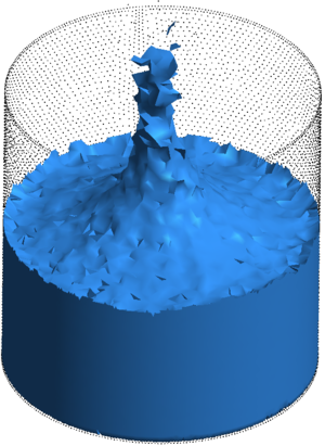 Falling of a water sphere in tank containing water. Evolution of the impact and mixing of the two liquids at different times. Results for θ= 1.