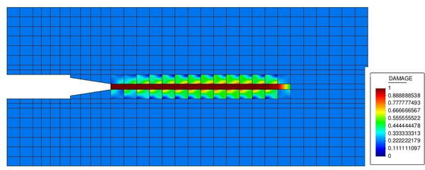 Evolution of damage for \mathcalGf1 at the end of simulation. (Gid pre-post processor[6]).