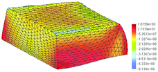 Sidepressing of a cylinder, FIC algorithm  (τ(e) calculated according to Eq. (74)),  tetrahedra, mesh  of 22186 elements: (a) effective plastic strain; (b) pressure distribution